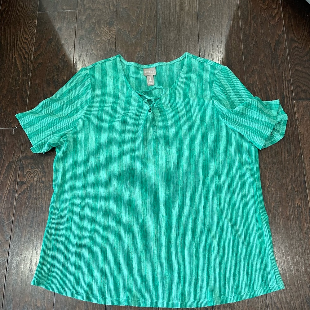 Chicos Crinkle Lace-Up Tee Womens Size Large Green Blouse